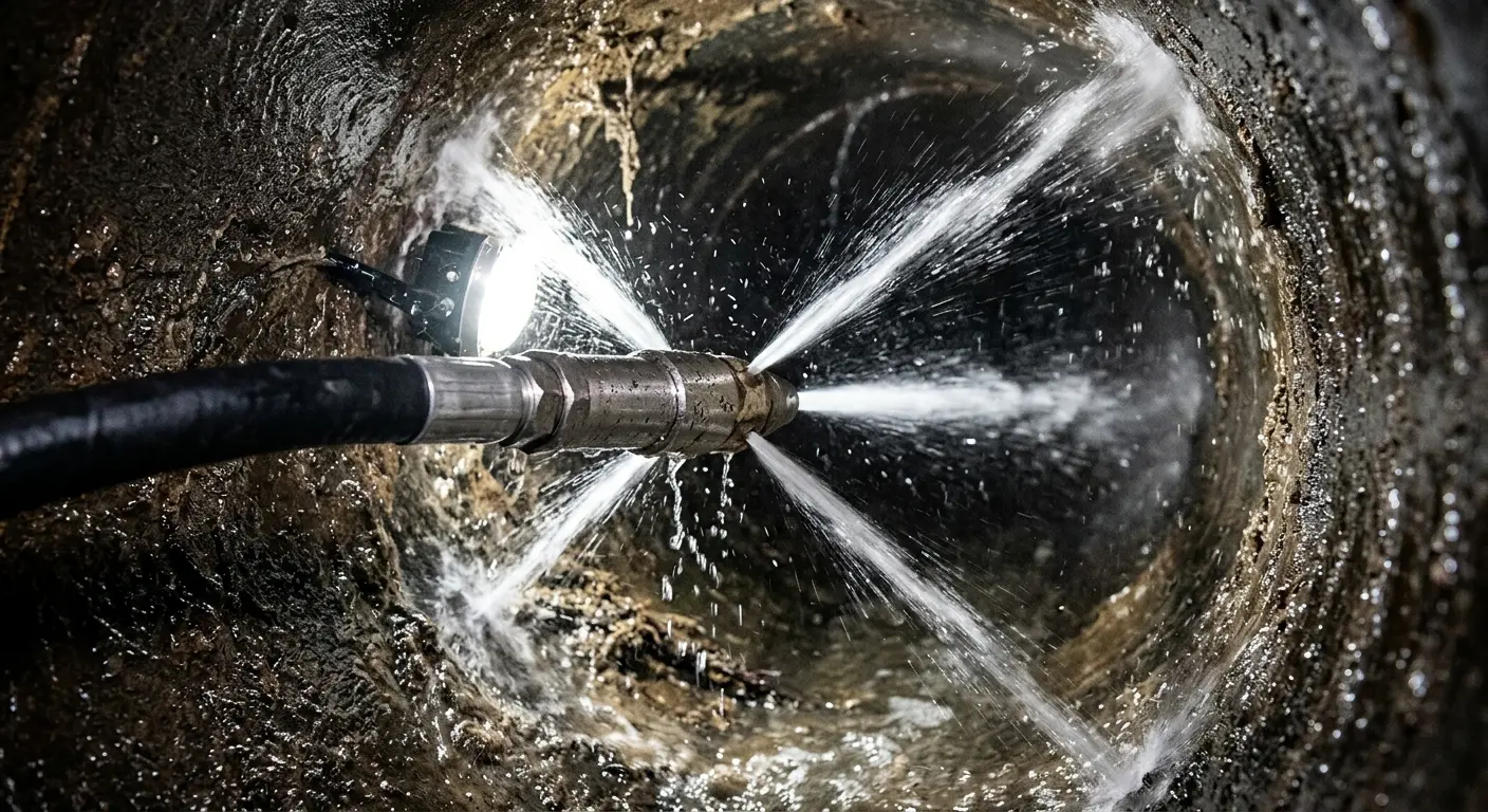 High-pressure hydro jetting nozzle cleaning sewer pipe for Sewer Cleanout in Tulare