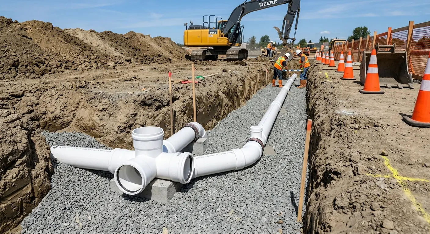 New PVC sewer pipe installation in open trench for Grease Trap Cleaning in Tulare